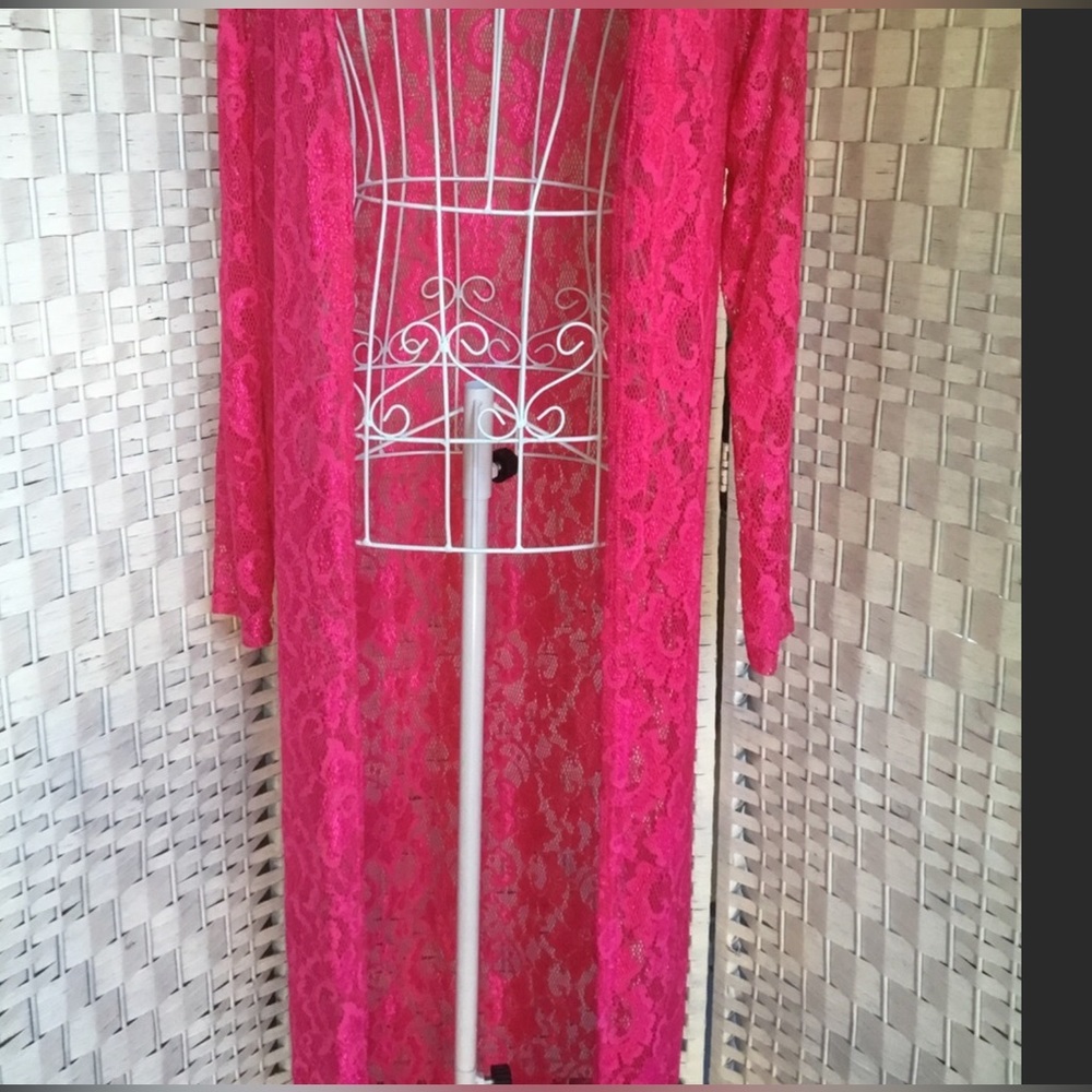💖See New Listing💖  Bebo Fuchsia Pink Lace Kimono Duster Cover up Long Cardigan - Picture 3 of 5